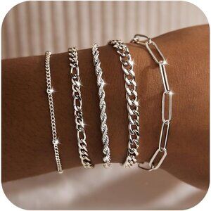 Silver-04 Dainty Stack Cuban Beaded Paperclip Bracelets Jewelry Gifts for Women